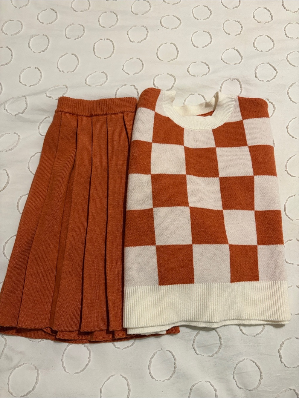 Max Studio Rust and Cream Checker Knit Crew & Pleated Skirt Set